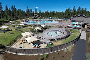 Overlooking the SHARC aquatic center including water slide, lazy river, pool, and other amenities.