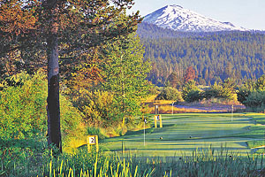 Manicured green containing several holes with flag markers and Mount Bachelor in the distance.