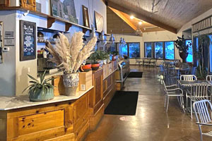 Interior with counter and cabinets to the left and silver tables and chairs to the right alongside exterior windows.